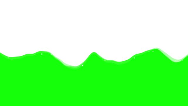 An animated loop of vibrant green liquid or slime moving horizontally with bubbling details against a clean white background.