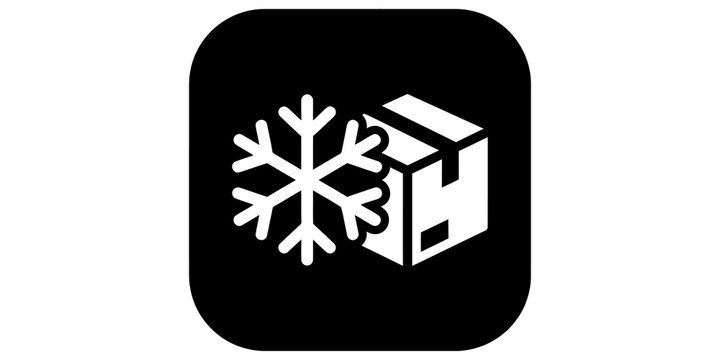 Cold chain shipping icon with snowflake and cardboard box on dark square.
