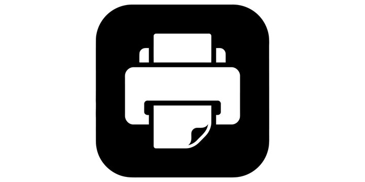 Modern printer icon with paper document on rounded black square background.