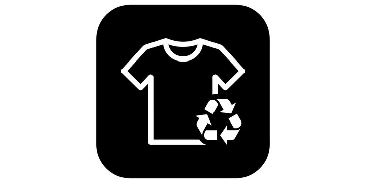 Sustainable clothing icon featuring shirt and recycle loop on dark square.