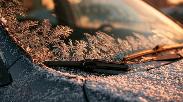 a cars windshield is covered in frost, illuminated by the warm glow of the setting sun. The frost patterns on the windshield reflect the golden light, creating a shimmering effect.