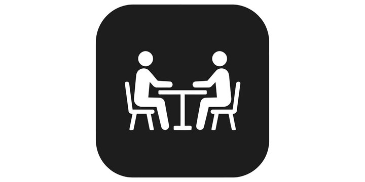Two people meeting at table icon on black rounded square background.