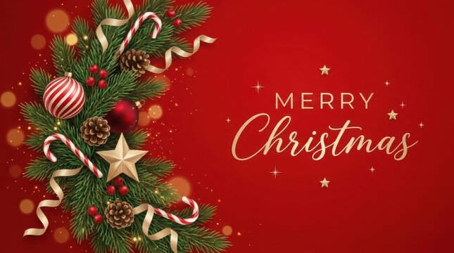 Christmas tree branch with ornaments and candy canes on red background with bokeh lights