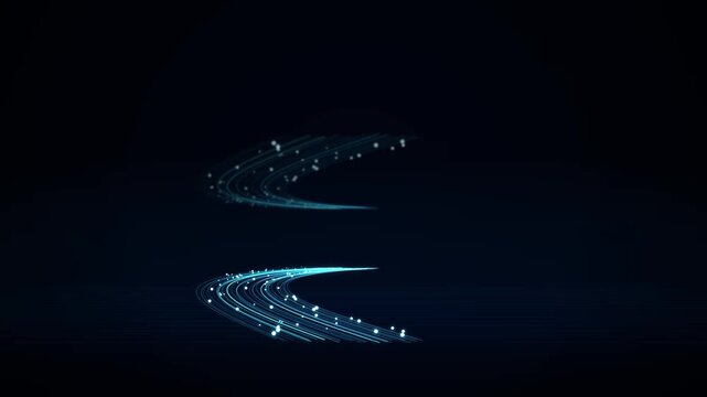 Abstract glowing blue light streaks and particles moving in dark space, data flow, technology background
