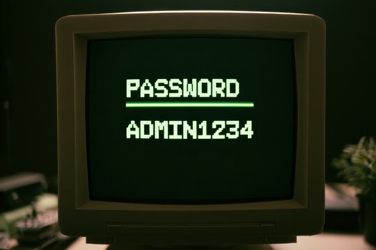 Old computer monitor displaying password admin1234 on a vintage green pixel screen
