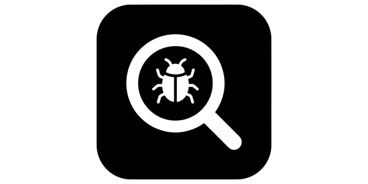 White software bug icon under magnifying glass on black square base.