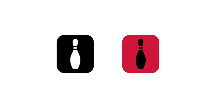 Bowling pin game icon set black and red square for sports application.