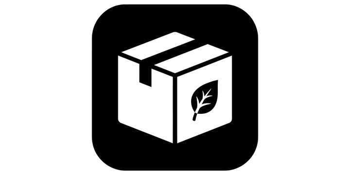 Eco friendly cardboard delivery box icon with leaf symbol decoration.