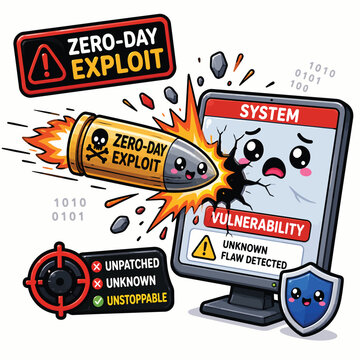 Colorful cartoon cybersecurity illustration showing a zero day exploit attacking a vulnerable computer system with warning symbols and code