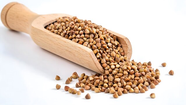Raw Buckwheat Groats Spilling from Wooden Scoop