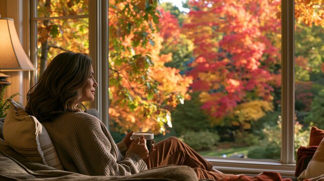 a cozy couch, facing a large window that offers a panoramic view of a vibrant autumn landscape. She holds a cup of coffee.