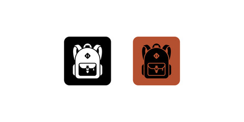 Travel backpack school bag icons in black and orange themed squares. © 扁平化图标 