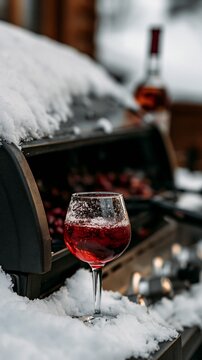 a snowy outdoor scene shows a glass of red wine on a grill. The glass is filled with a deep red liquid, likely wine, and has a light dusting of snow on its surface.