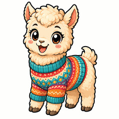 Fototapeta premium Cute fluffy alpaca wearing a colorful knitted sweater, charming kawaii farm animal illustration for winter fashion, warmth, and cozy designs
