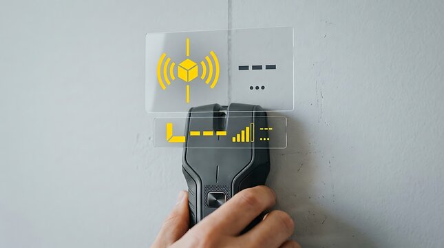 Digital wall scanner with holographic interface, smart stud finder detecting hidden objects, modern construction sensor tool