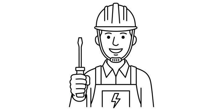 Electrician character line drawing holding screwdriver tool in hand.
