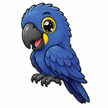 Cute blue cartoon macaw parrot with bright feathers and expressive eyes, colorful tropical bird illustration for wildlife, nature, and children&rsquo;s designs