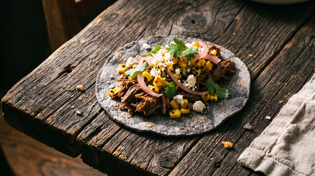 Rustic Mexican Shredded Meat Taco on Blue Corn Tortilla over Dark Vintage Wood Table