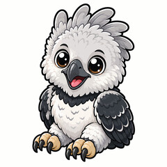 Fototapeta premium Adorable fluffy gray cartoon owl with big expressive eyes and tiny wings, charming kawaii bird illustration for wildlife, forest nature, and children’s designs