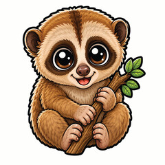 Fototapeta premium Cute baby sloth hanging from a branch with big sparkling eyes and a sweet smile, charming woodland animal cartoon illustration