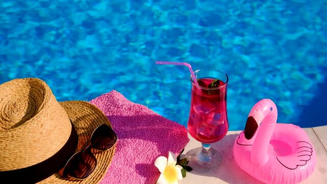 pink cocktail with flamingos on the background of the pool. Selective focus.