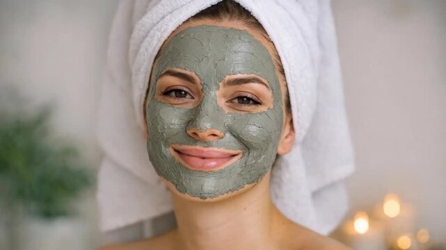 Woman wears green clay mask