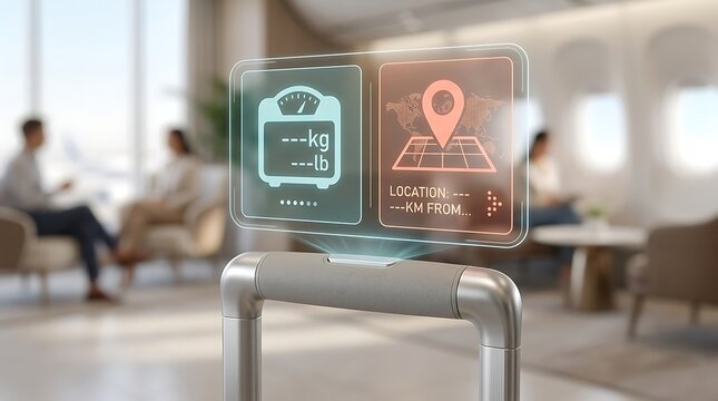 Futuristic smart luggage with digital hologram display, intelligent suitcase tracking interface, high-tech travel baggage in airport lounge
