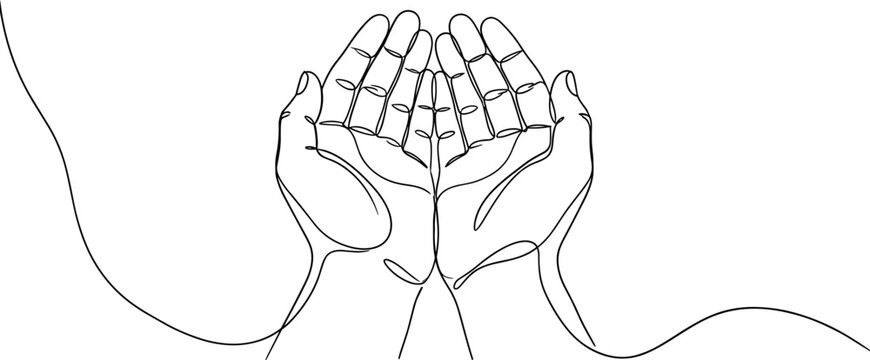 Continuous line drawing of two open hands cupped together in a gesture of giving receiving or prayer against a plain background.