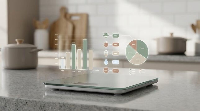 Smart digital kitchen scale with holographic data interface, nutritional tracking charts on modern counter, healthy cooking technology