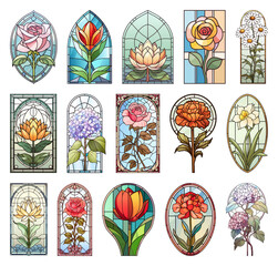 Obraz premium PNG Stained glass floral window set with roses, lilies and blossoms, transparent background