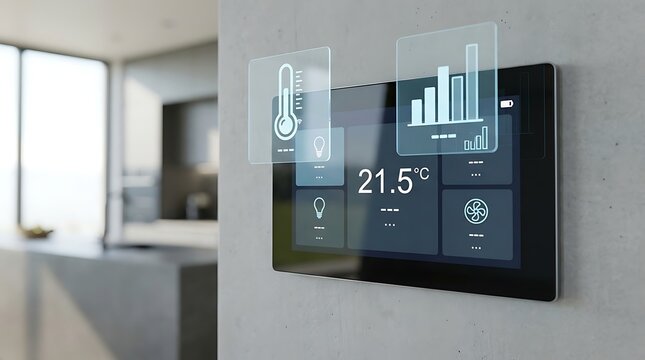 Smart home control panel on wall, digital thermostat interface with temperature display, futuristic home automation system