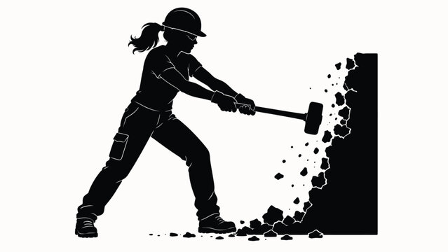 Black and white silhouette of a female construction worker using a hammer to break a wall, vintage demolition and renovation illustration