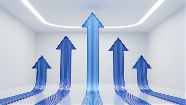 Blue arrows point upward in a minimalist white room, symbolizing progress and growth.
