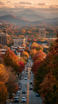a cityscape during the golden hour. The main subject is a city street lined with trees displaying a mix of vibrant fall colors, ranging from deep reds and oranges to bright yellows and browns.