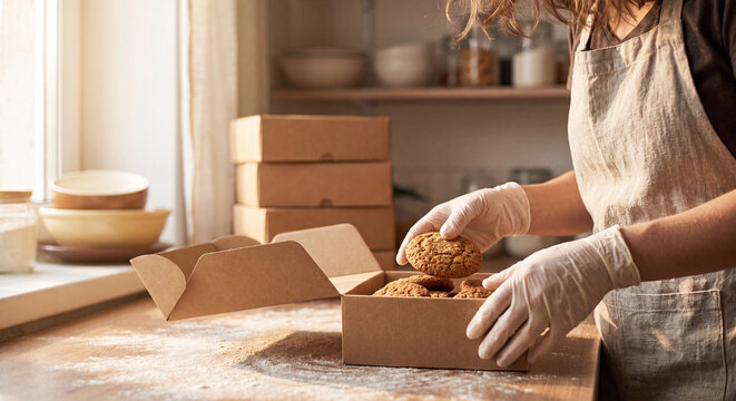 Home baker photo packing fresh cookies into Kraft box for small bakery business