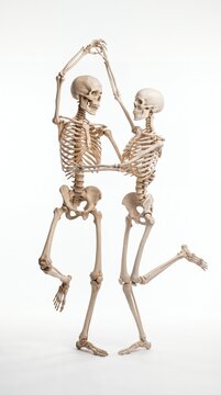 Two human skeletons dancing and posing together against a white background