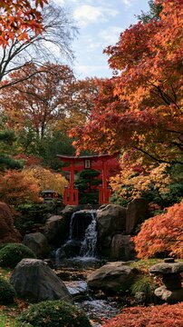 a serene Japanese garden during autumn. A red torii gate stands tall amidst a lush landscape of vibrant red, orange, and yellow leaves.