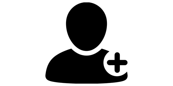 Single user avatar icon with prominent plus sign for account registration and profile management in digital platforms.