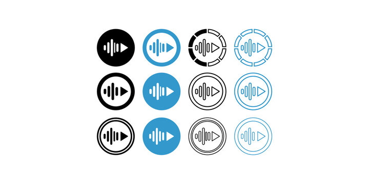 Audio play button icons with sound waves in black and blue variations offering options for app interfaces or web design.