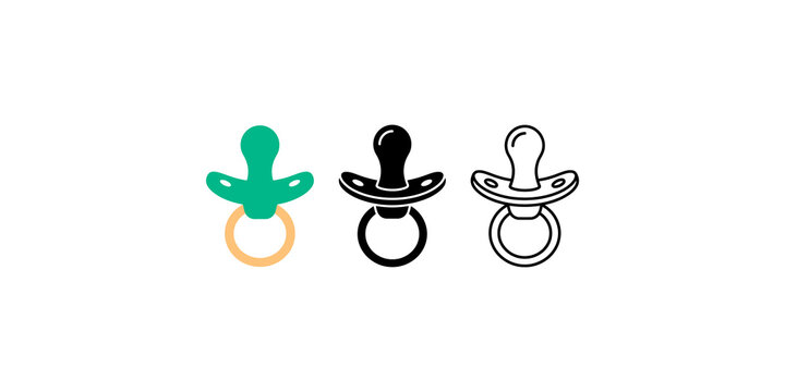 Baby pacifier icon set with handle in outline, solid, and color versions for infant soothing.