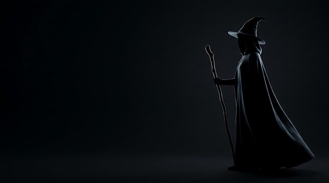Mysterious cloaked wizard standing in dark profile with wooden staff wearing wide brimmed magical hat against a deep black background