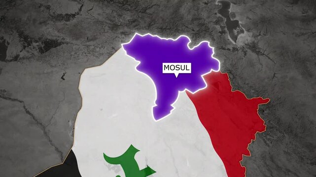 Mosul City Highlighted on Iraq Flag Map Animation