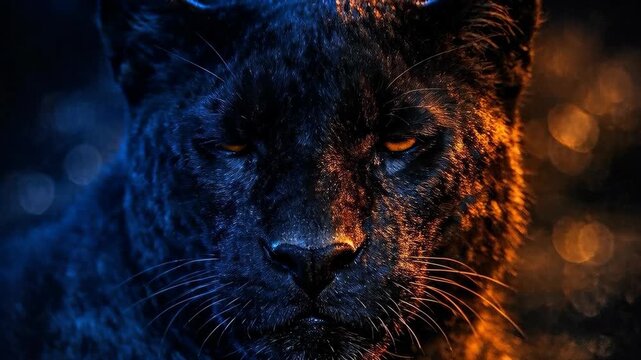 Black panther stares with glowing amber eyes