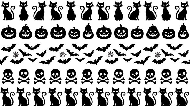 Decorative halloween border elements featuring black cat silhouettes pumpkins flying bats and spooky white skull icons