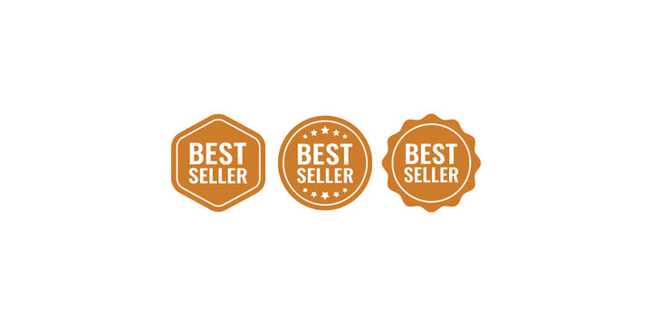 Three distinct orange best seller badge shapes featuring hexagon circle and scalloped edge styles for product marketing.