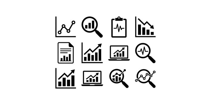 Set of business and finance chart icons with magnifying glass for data analysis and report.