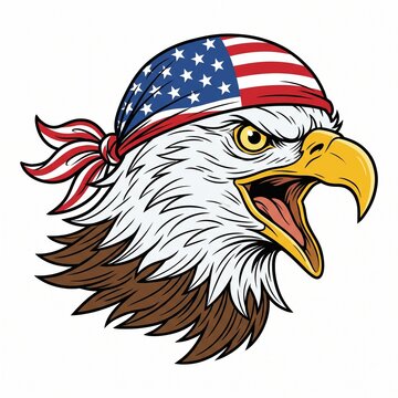 cawing eagle head wearing an American Flag bandana on head, red white & Blue, cartoon line art