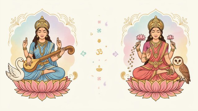 Hindu goddesses Saraswati and Lakshmi seated on lotus flowers with musical instrument and sacred symbols