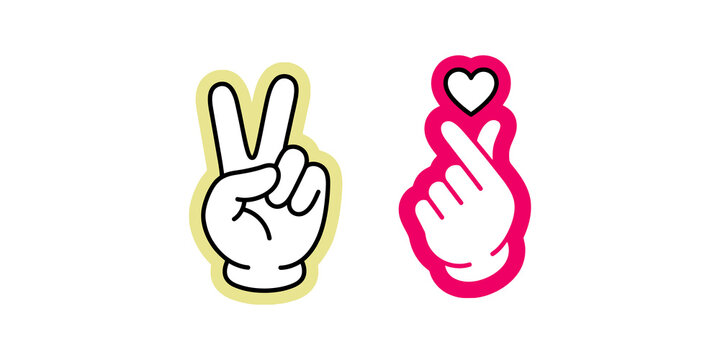 Hand gestures showing peace sign and finger heart shape colorful vector stickers for social media communication design.