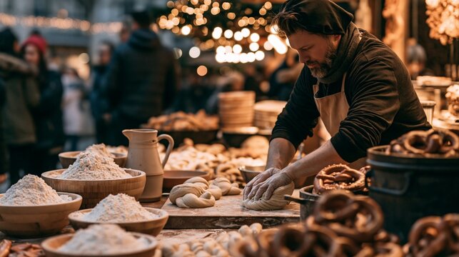 a bustling market scene. A man, wearing a dark hoodie and a white apron, kneading dough on a wooden table surrounded by wooden bowls filled with flour, pretzels, and other baked goods.